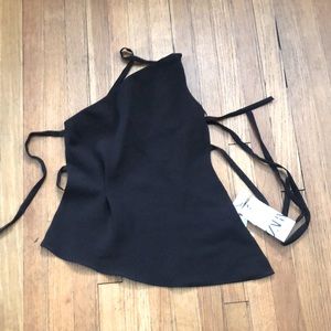 Zara black one shoulder apron top with back ties
